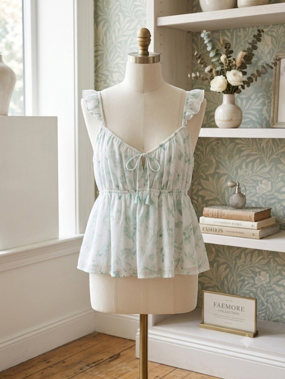 Hollister Floral Chiffon Ruffle Babydoll Top Green White M Cottagecore